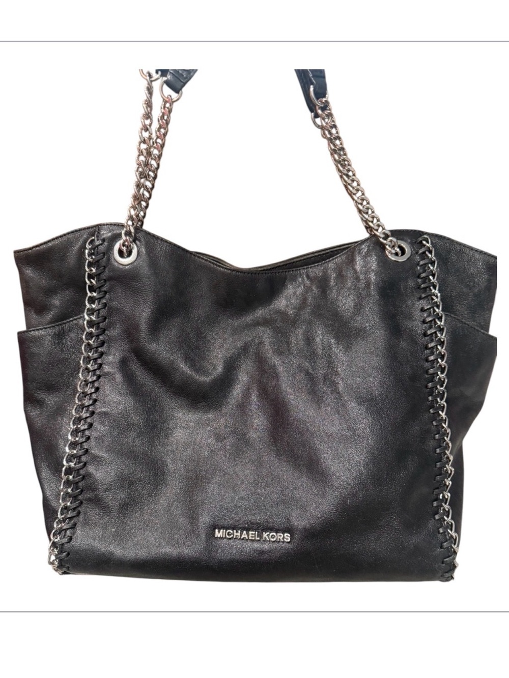 Michael‎ Kors Black Leather Tote with Silver Chain Straps